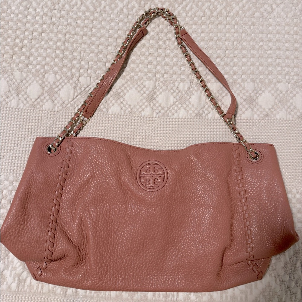 Pre-Loved Tory Burch Mauve Pebbled Leather Shoulder Bag with Braided Strap